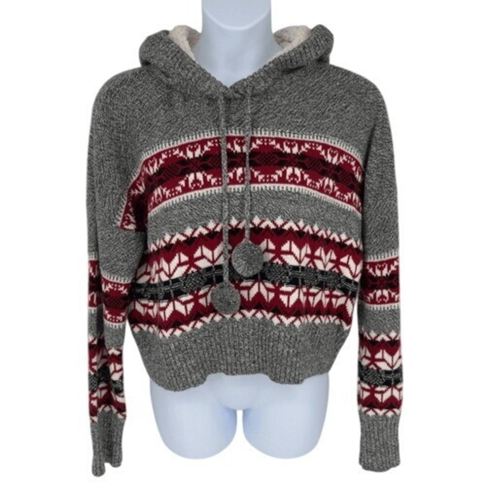 Yet Again Sherpa Lined Fair Isle‎ Hooded Cropped Sweater XL Pom-Pom Winter